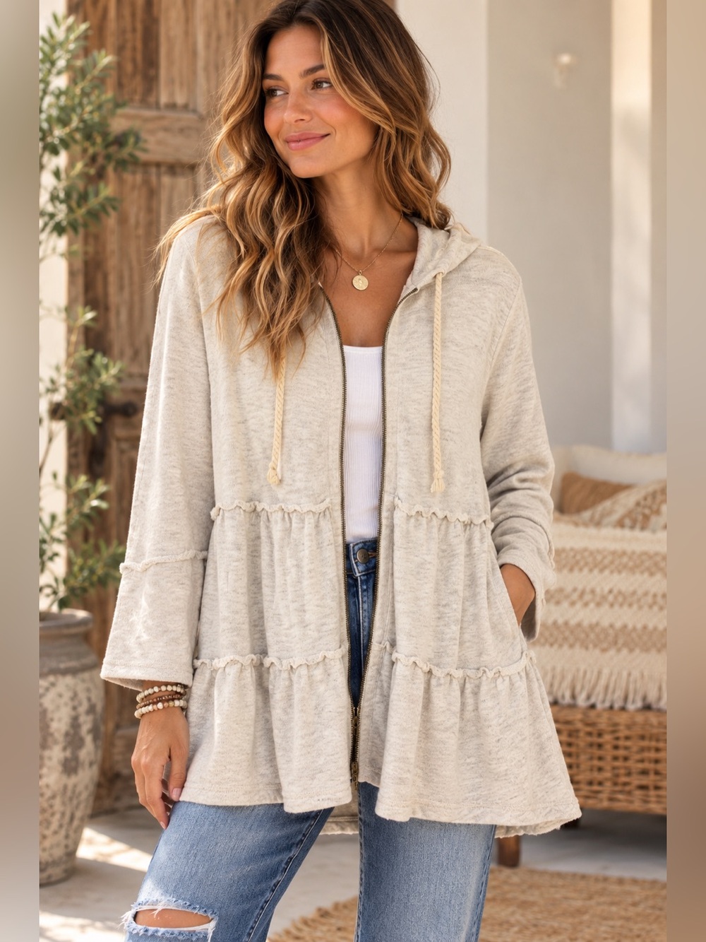 Easel Tiered Ruffle Hooded Zip Up Jacket Oatmeal Boho Size Large